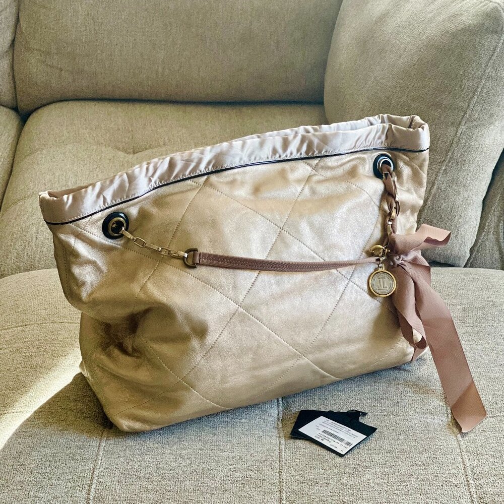 EUC Lanvin Paris AMALIA Quilted Lamb Leather Large Tote Bag Beige Gold